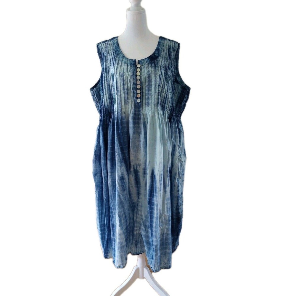 Woman Within Midi Dress 2X Blue White Tie Dye Tank Top Sleeveless Boho Casual